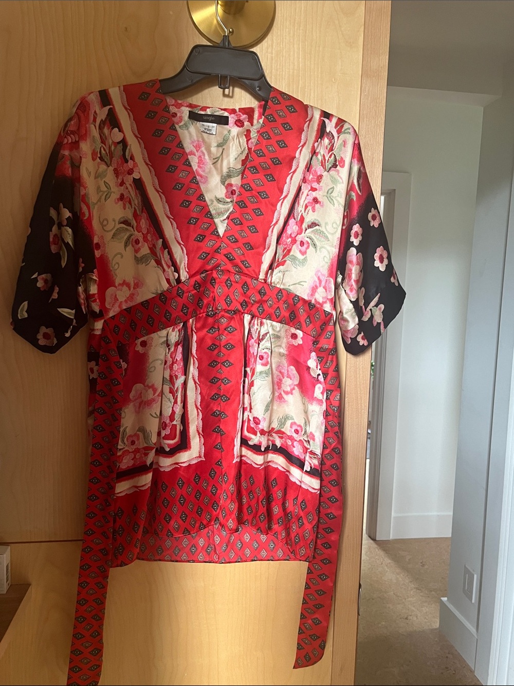 Single Red and Black Floral V-Neck Tie-Waist Tunic